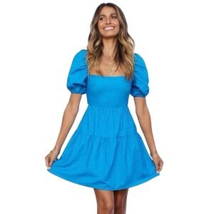 Hello Molly Best‎ Weekend Dress Women's Size 6 Linen Blend Tie Back Puff Sleeve